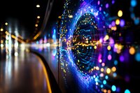Futuristic digital technology visualization with glowing blue and purple circular pattern against dark background, blurred lights creating depth and motion effect.
