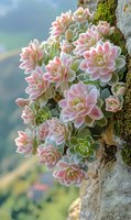 Pink and green succulent flowers blooming on rocky cliff with moss, natural mountain landscape background for botanical garden design projects.