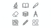 Educational line icons set featuring microscope, open book, fountain pen, eraser, stacked books, compass, ruler, pencil and geometric shapes for learning materials.