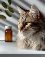 Fluffy cream-colored cat with amber eyes sitting near medicine bottle in sunlight with window blind shadows, creating moody atmosphere for veterinary or pet care concept.