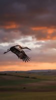 Majestic crane soaring through dramatic sunset sky with orange and purple clouds over rural landscape during golden hour migration flight.