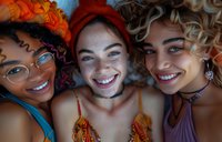 Three diverse young women with natural curly hair and bright smiles sharing joyful moment together. Close-up portrait showcasing genuine friendship, freckles, and authentic beauty.