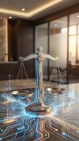 Scales of justice with digital circuit board overlay on desk in modern office, representing legal technology, law firm services, compliance, and digital transformation in legal practice.