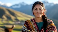 Young Hispanic woman wearing traditional colorful poncho smiling at camera with snow-capped Andes mountains and green valley in background during golden hour sunset.