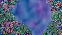 Ornamental peacock feather corners with vibrant florals frame a soft blue and purple watercolor background, perfect for invitations, greeting cards, and decorative design projects.