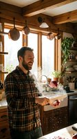 Happy bearded man washing dishes in rustic kitchen with wooden beams and copper pots. Domestic life and home cooking concept for lifestyle content.