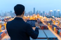Asian businessman in suit reviewing digital blueprints on tablet device against illuminated cityscape background during twilight hours, urban development concept.