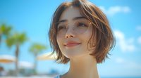 Young Asian woman with short brown hair and round glasses smiling confidently outdoors on sunny summer day with palm trees and blue sky in background.