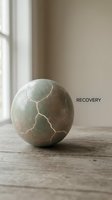 Cracked stone sphere with golden healing lines on wooden surface near window, symbolizing recovery and restoration process.