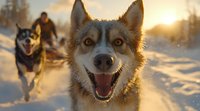 Happy husky dog running in winter snow with sled and musher in background during golden sunset. Close up portrait shows joyful expression and backlit fur.