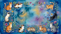 Decorative frame with cute cats, flowers and leaves on colorful watercolor background. Border design for pet lovers, greeting cards and scrapbooking projects.