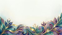 Ornamental flourish border with flowing peacock feathers in teal, purple, and gold tones on isolated white background, ready for design projects and decorative applications.