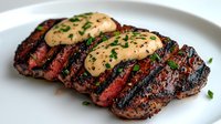 Grilled medium-rare steak slices topped with creamy peppercorn sauce and fresh chopped parsley on white plate, showing juicy pink center and charred exterior.