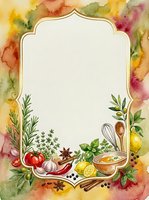 Watercolor culinary frame with fresh herbs, vegetables, and cooking utensils on vibrant splashed background. Isolated design ready for recipe cards, menus, invitations, and kitchen decor projects.