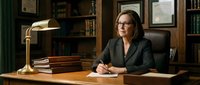 Professional middle-aged Caucasian businesswoman in dark suit writing at wooden desk in traditional office library with books and banker lamp.