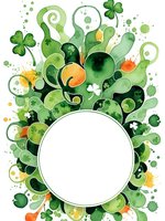 St Patrick's Day festive frame with shamrocks, clovers and swirls in green watercolor style with white circle space for text or logo design.