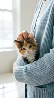 Woman in light blue knit cardigan holding adorable calico kitten with orange, black and white markings near bright window. Pet care and companionship.