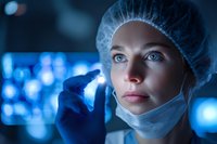 Female scientist in surgical cap and mask examining sample in modern laboratory with blue lighting for medical research and healthcare innovation.