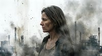 Middle-aged woman with weathered face stands in polluted industrial landscape with smoking chimneys and toxic air particles for environmental awareness campaigns.