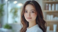 Young Asian woman with long wavy brown hair and natural makeup smiling softly in spa or salon setting with blurred shelves of products in background.