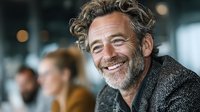 Mature Caucasian businessman with gray curly hair and beard smiling warmly in modern office environment. Professional portrait for corporate communications.