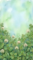 Watercolor clover field with white flowers and green leaves on soft blue-green background, copy space for St. Patricks Day cards and spring designs.