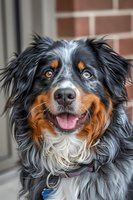 Smiling Australian Shepherd dog with tricolor coat of black, rust and white, close-up portrait showing happy expression and distinctive heterochromia eyes against brick wall.