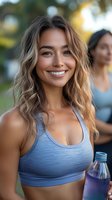 Happy young woman in sports bra holding water bottle after workout outdoors with friend in background during golden hour fitness session.