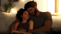 Young African American couple embracing on couch in warm evening light, creating intimate moment of connection and comfort at home.