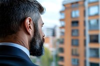 Profile view of bearded businessman in dark suit looking at modern apartment building exterior, focus on facial features and professional appearance.