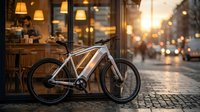 Modern electric bicycle parked on urban street at golden hour with city lights and storefront in background, suitable for transportation and lifestyle content.