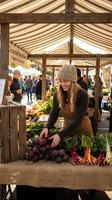 Young woman vendor arranging fresh beetroot at outdoor farmers market stall under wooden pavilion with organic vegetables display for healthy lifestyle.