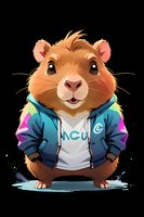 Cute hamster character wearing colorful sports jacket and white t-shirt on black background, stylized digital art illustration for children books and merchandise.