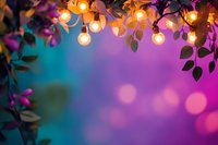 Glowing string lights with green leaves against vibrant purple and blue bokeh background, creating magical garden atmosphere.