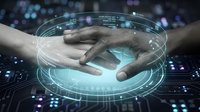 Hands holding smartphone with holographic digital interface and circuit board technology display for mobile app development and innovation.
