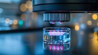 Microscope lens with illuminated specimen slide in vibrant pink and blue colors against blurred bokeh background, showcasing scientific research and laboratory analysis.