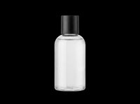 Clear plastic bottle with black cap, isolated on transparent background. Ready for cosmetic, skincare, or packaging design use in stickers, t-shirts, and print on demand.