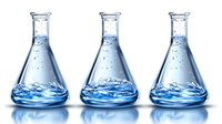 Three laboratory conical flasks with blue liquid and bubbles isolated on white background for scientific research and chemistry education materials.