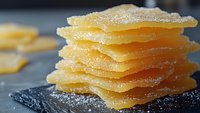 Crystallized ginger slices stacked in layers on dark stone surface, macro view showing translucent amber texture and sugar coating in natural light.