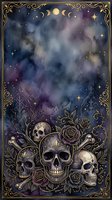 Mystical night sky with moon phases and stars above ornate gold frame border, featuring three skulls surrounded by roses and botanical elements in dark purple and blue watercolor tones.