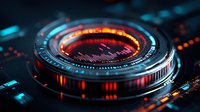 Camera lens with glowing orange and blue light effects on dark background, close-up view showing technical details and futuristic illumination pattern.