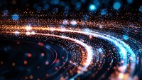 Glowing curved light trails with sparkles and bokeh effects in blue and orange colors create dynamic motion on dark background. Abstract technology concept.
