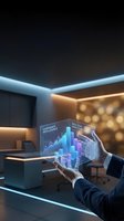 Businessman hands holding holographic data visualization with charts and graphs in modern office interior for business analytics and intelligence.
