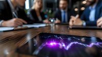 Business team analyzing glowing purple financial chart on dark wooden conference table during corporate meeting, with professionals discussing market data.