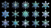Collection of fifteen decorative snowflakes in blue and teal tones, isolated on transparent background. Ready for winter designs, t-shirt graphics, stickers, sublimation projects, print-on-demand products, and holiday clipart applications.