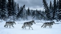 Pack of gray wolves running through snowy forest landscape with evergreen trees under overcast winter sky for wildlife and nature projects.