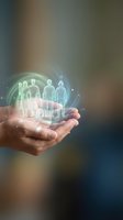 Hands holding glowing holographic family figures in protective bubble representing life insurance, healthcare coverage and family protection services.