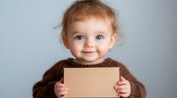 Smiling toddler with bright blue eyes wearing brown sweater holds blank cardboard sign against light background, copy space for message or announcement.