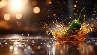 Hot chili pepper splashing into liquid creating dramatic splash with golden bokeh lights and sparkling water droplets on reflective surface.