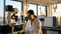 Young female scientist in white lab coat using microscope in modern research laboratory during golden hour lighting for scientific study and analysis.